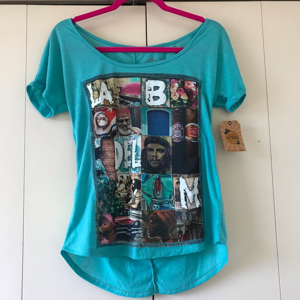 La Bodeguita Del Medio Cuba Turquoise Graphic Print T-shirt. Size Medium.